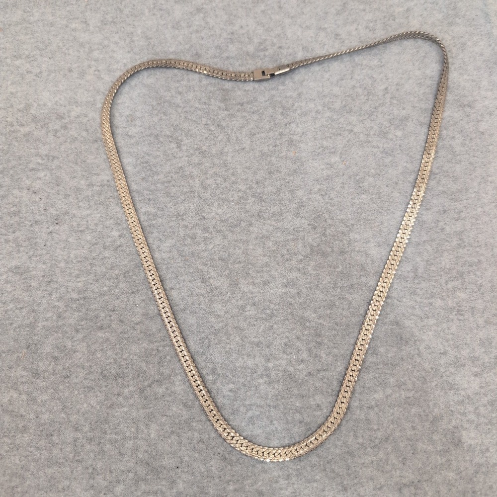Vintage Silver Tone Textured Herringbone Flat Chain Necklace Korea J4 - Picture 1 of 6